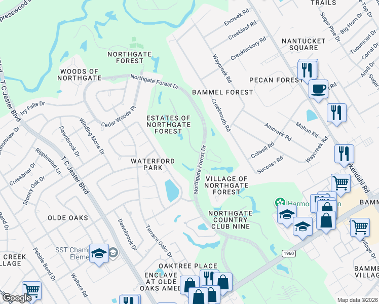 map of restaurants, bars, coffee shops, grocery stores, and more near 16511 Southern Oaks Drive in Houston