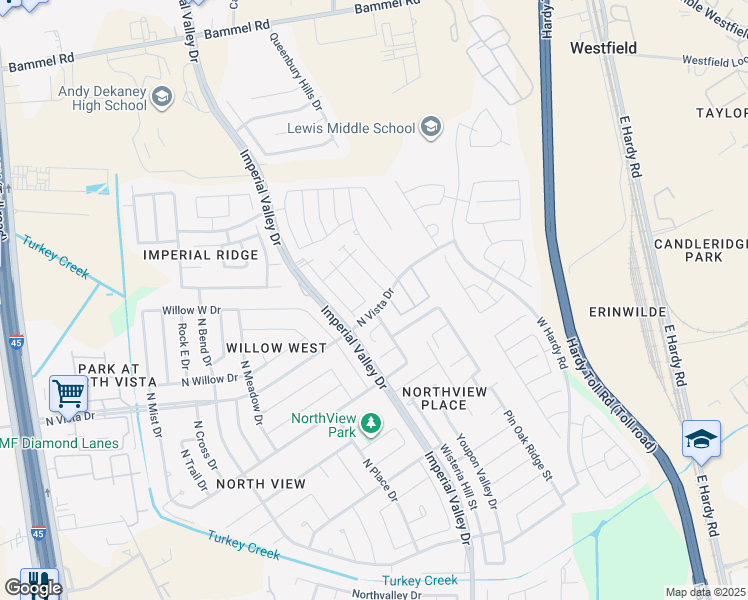map of restaurants, bars, coffee shops, grocery stores, and more near 21802 Burnaby Trail Court in Houston