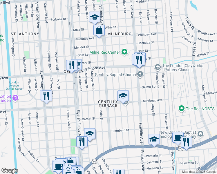 map of restaurants, bars, coffee shops, grocery stores, and more near 5101 Saint Roch Avenue in New Orleans