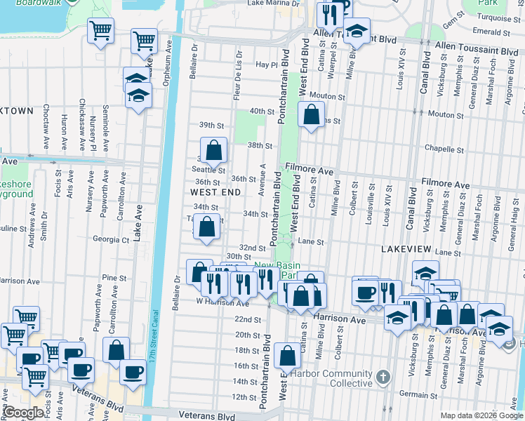 map of restaurants, bars, coffee shops, grocery stores, and more near in New Orleans