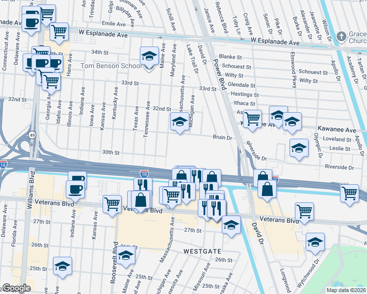 map of restaurants, bars, coffee shops, grocery stores, and more near 2801 Bruin Drive in Metairie