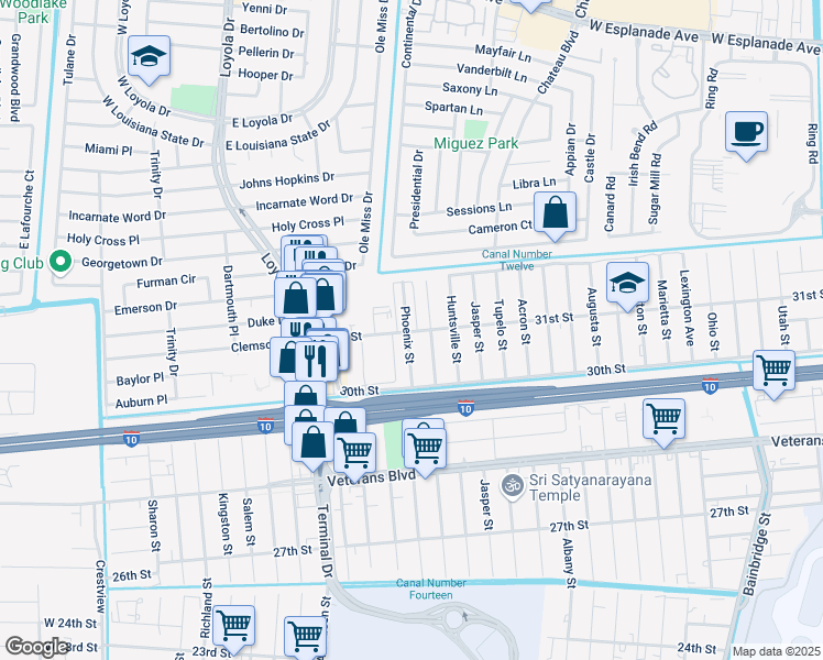 map of restaurants, bars, coffee shops, grocery stores, and more near 501 31st Street in Kenner