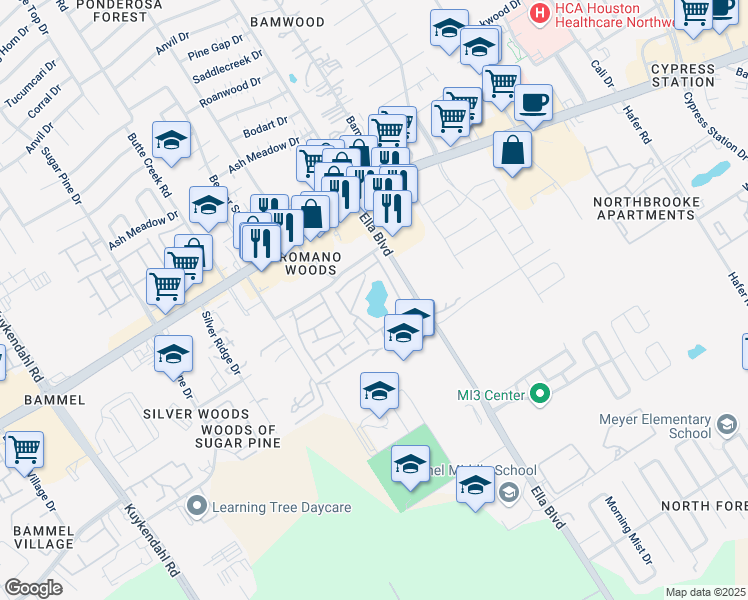 map of restaurants, bars, coffee shops, grocery stores, and more near Ella Boulevard in Houston
