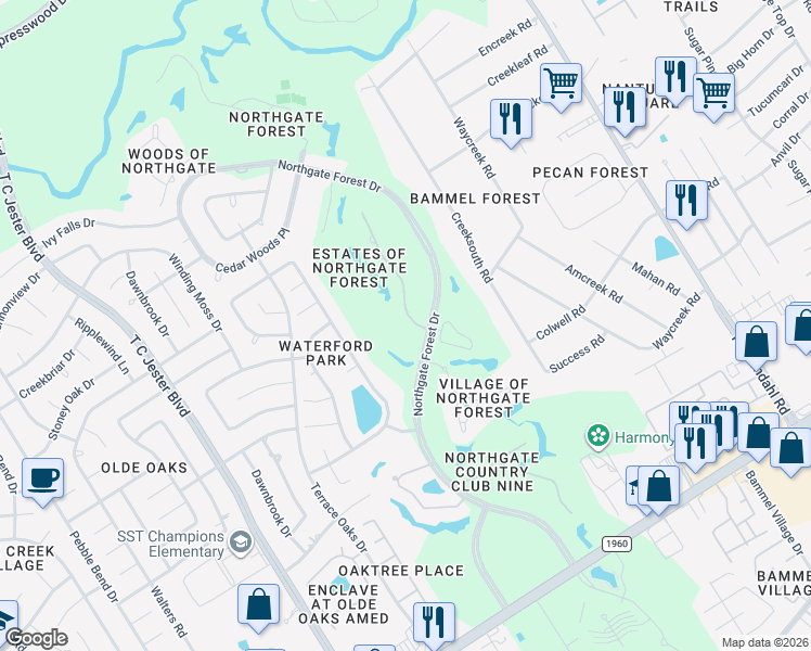 map of restaurants, bars, coffee shops, grocery stores, and more near 16511 Southern Oaks Drive in Houston