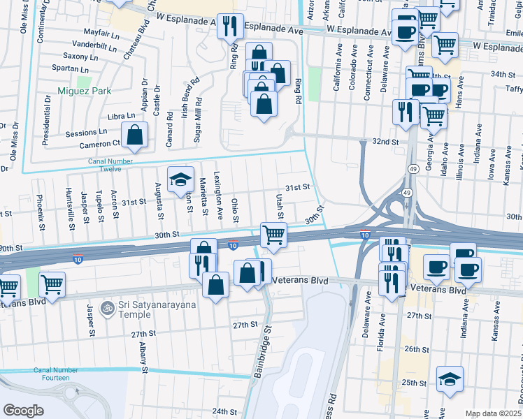 map of restaurants, bars, coffee shops, grocery stores, and more near 3029 Washington Street in Kenner