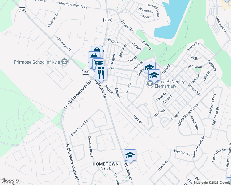 map of restaurants, bars, coffee shops, grocery stores, and more near 4130 Mather in Kyle