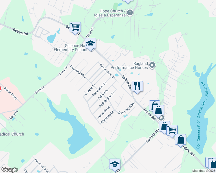 map of restaurants, bars, coffee shops, grocery stores, and more near 198 Oxford Drive in Kyle
