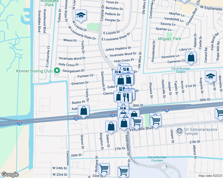 map of restaurants, bars, coffee shops, grocery stores, and more near 317 Duke Drive in Kenner