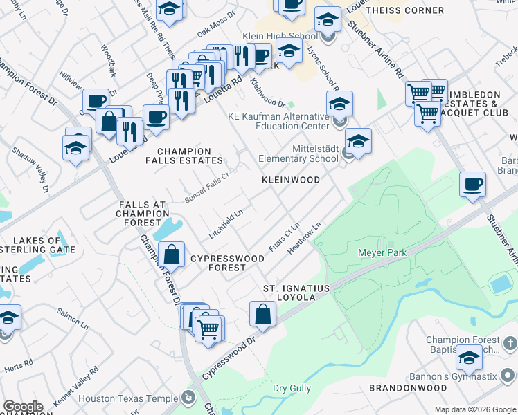 map of restaurants, bars, coffee shops, grocery stores, and more near 16306 Krayola Lane in Spring
