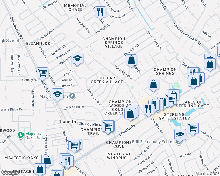 map of restaurants, bars, coffee shops, grocery stores, and more near 9306 Wandsworth Drive in Spring