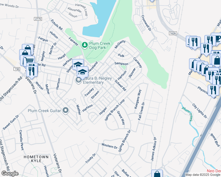 map of restaurants, bars, coffee shops, grocery stores, and more near 5141 Hartson in Kyle