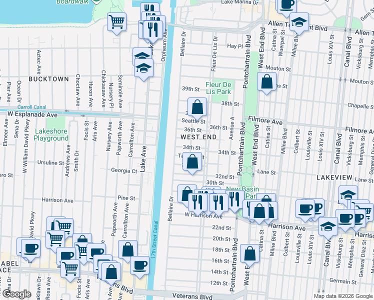 map of restaurants, bars, coffee shops, grocery stores, and more near 408 34th Street in New Orleans