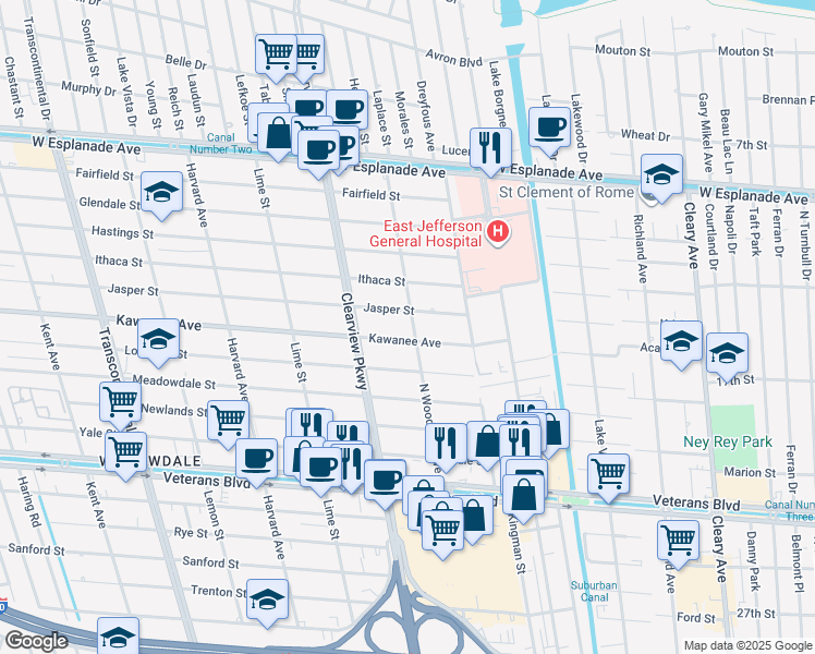map of restaurants, bars, coffee shops, grocery stores, and more near 3808 North Woodlawn Avenue in Metairie