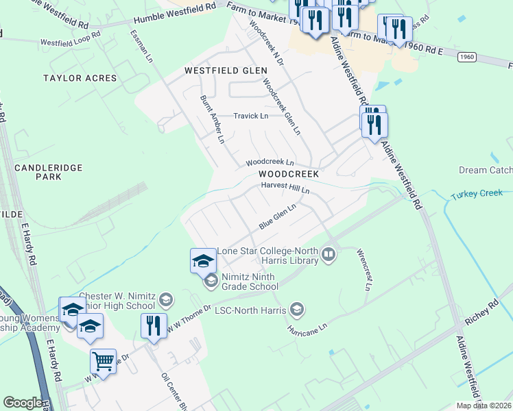 map of restaurants, bars, coffee shops, grocery stores, and more near 20714 Trellis Lane in Houston