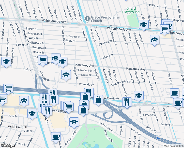 map of restaurants, bars, coffee shops, grocery stores, and more near 6317 Leslie Street in Metairie