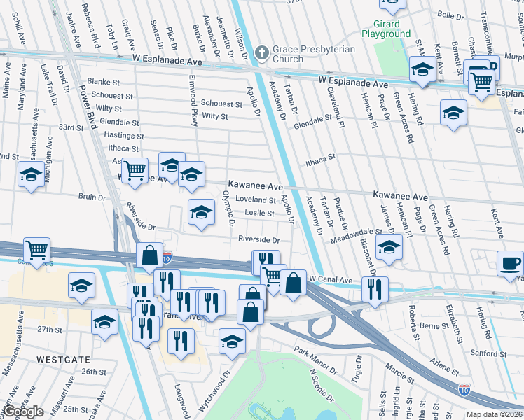map of restaurants, bars, coffee shops, grocery stores, and more near 6317 Leslie Street in Metairie