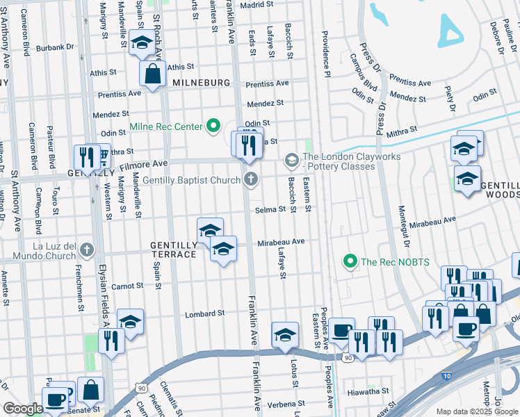 map of restaurants, bars, coffee shops, grocery stores, and more near 5100 Demontluzin Street in New Orleans