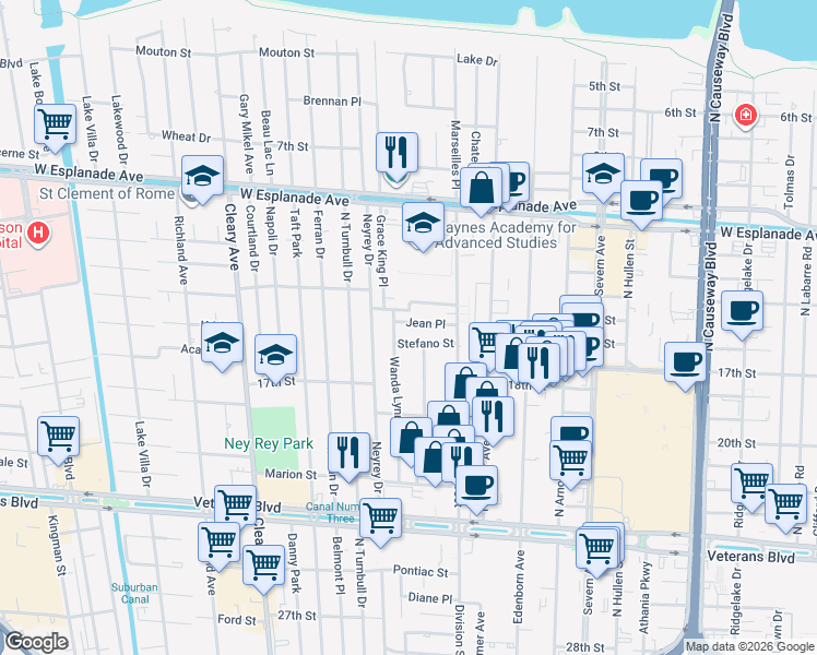 map of restaurants, bars, coffee shops, grocery stores, and more near 3738 Jean Place in Metairie