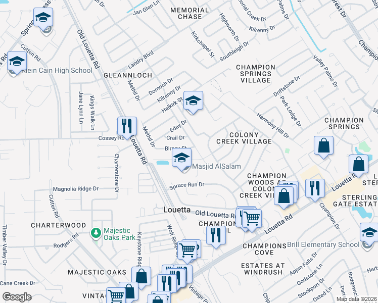 map of restaurants, bars, coffee shops, grocery stores, and more near 9627 Birsay Street in Spring