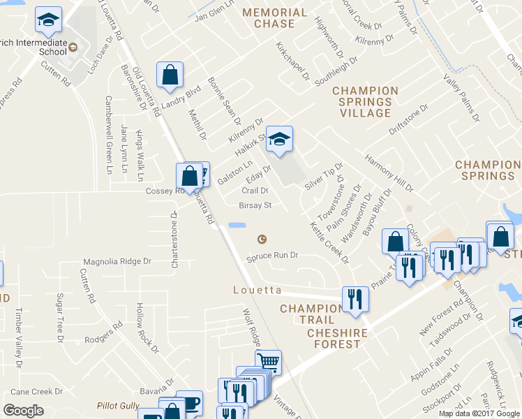 map of restaurants, bars, coffee shops, grocery stores, and more near 9627 Birsay Street in Spring