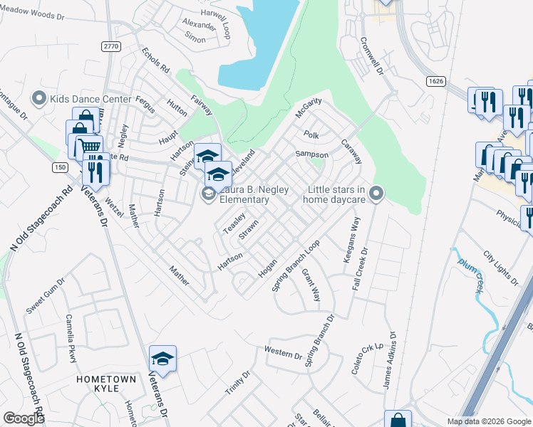 map of restaurants, bars, coffee shops, grocery stores, and more near 5162 Hartson in Kyle