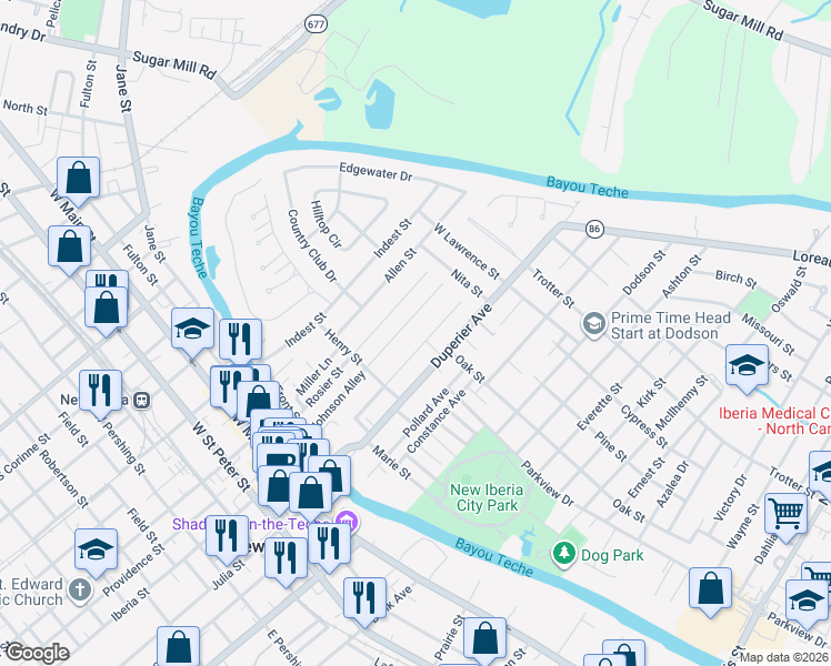 map of restaurants, bars, coffee shops, grocery stores, and more near 225 Hortense Street in New Iberia