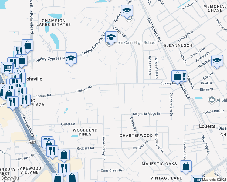 map of restaurants, bars, coffee shops, grocery stores, and more near 9931 Cossey Road in Houston