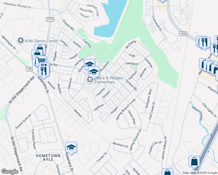 map of restaurants, bars, coffee shops, grocery stores, and more near 335 Strawn in Kyle