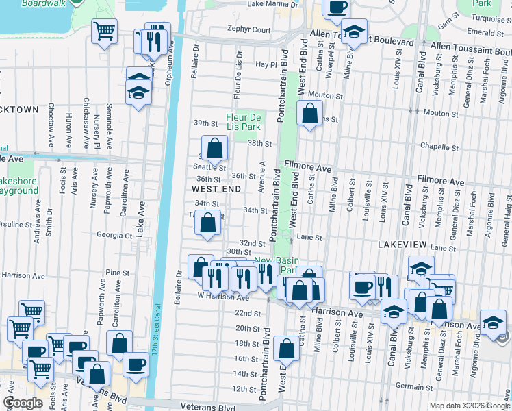 map of restaurants, bars, coffee shops, grocery stores, and more near 6501 Avenue B in New Orleans