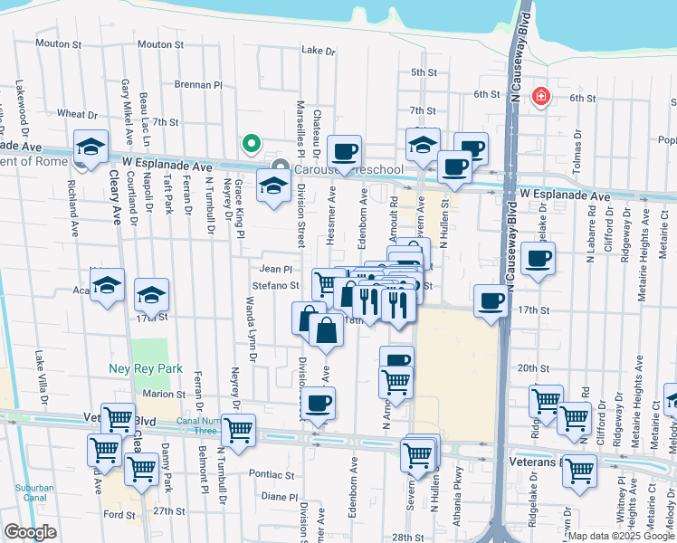 map of restaurants, bars, coffee shops, grocery stores, and more near 4000 Hessmer Avenue in Metairie
