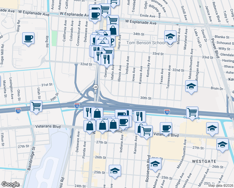 map of restaurants, bars, coffee shops, grocery stores, and more near 3000 Illinois Avenue in Kenner
