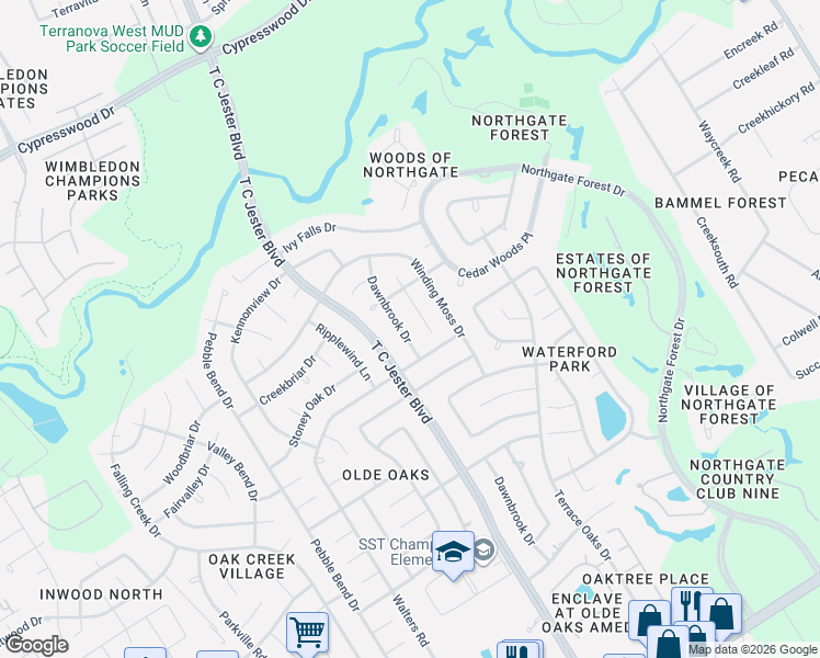 map of restaurants, bars, coffee shops, grocery stores, and more near 15514 Dawnbrook Drive in Houston