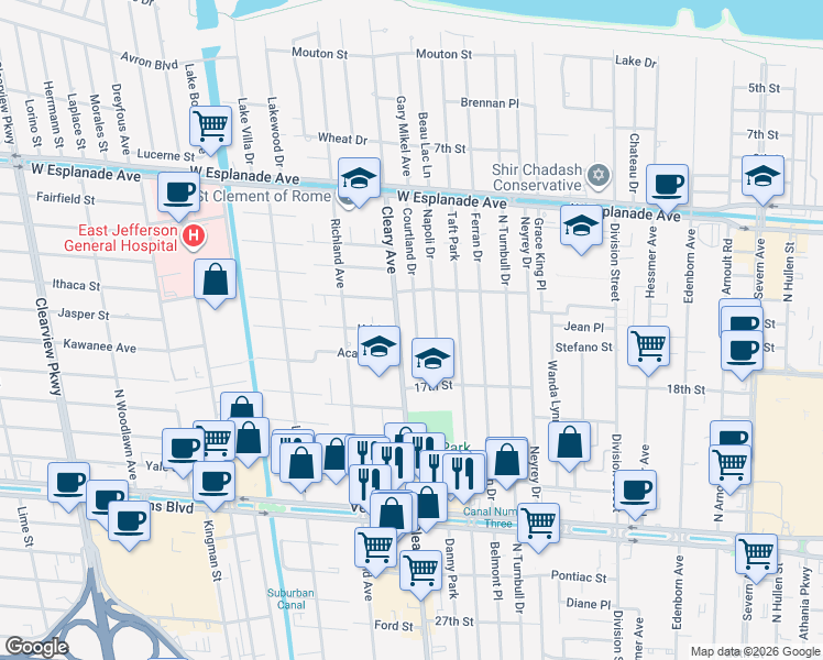 map of restaurants, bars, coffee shops, grocery stores, and more near 4000 Courtland Drive in Metairie