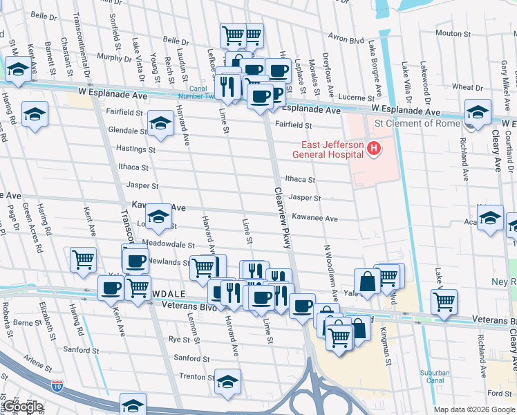 map of restaurants, bars, coffee shops, grocery stores, and more near 4633 Kawanee Avenue in Metairie