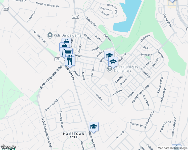 map of restaurants, bars, coffee shops, grocery stores, and more near 212 Wetzel in Kyle