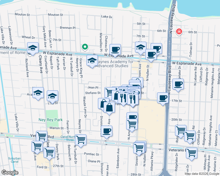 map of restaurants, bars, coffee shops, grocery stores, and more near 4000 Hessmer Avenue in Metairie