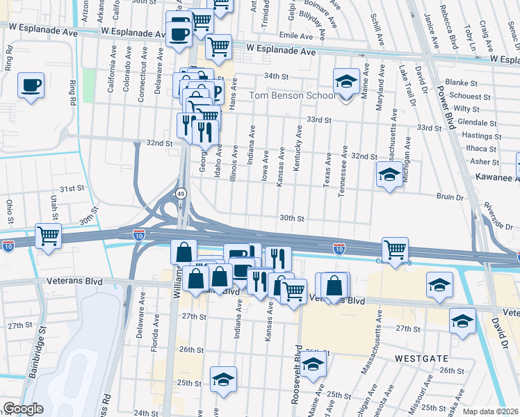 map of restaurants, bars, coffee shops, grocery stores, and more near 3001 Iowa Avenue in Kenner