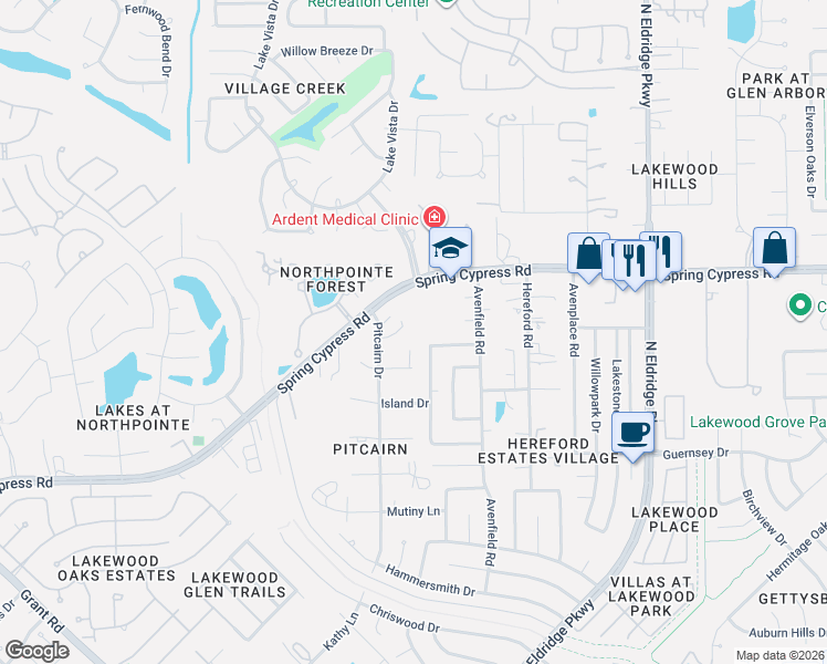 map of restaurants, bars, coffee shops, grocery stores, and more near 12607 Pirate Cove Drive in Tomball