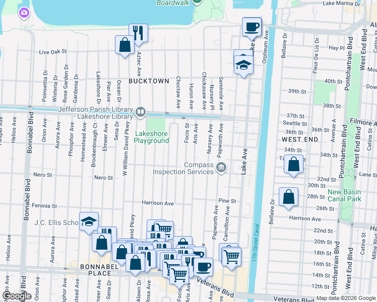 map of restaurants, bars, coffee shops, grocery stores, and more near 1360 Focis Street in Metairie