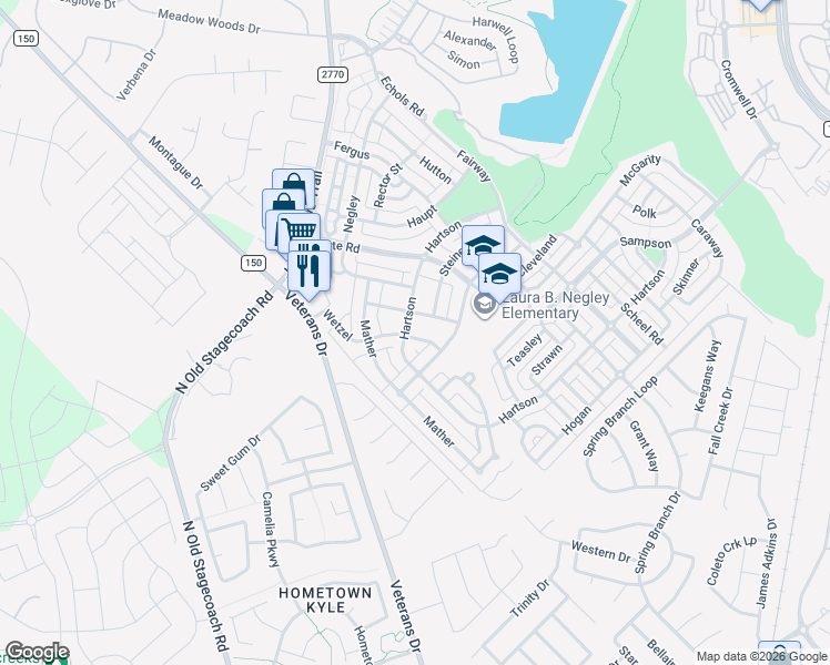 map of restaurants, bars, coffee shops, grocery stores, and more near 212 Wetzel in Kyle