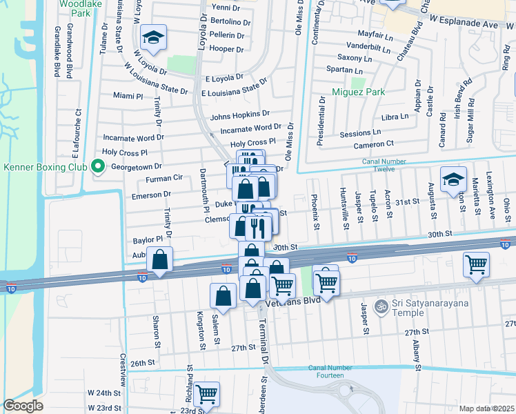 map of restaurants, bars, coffee shops, grocery stores, and more near 3100 Loyola Drive in Kenner