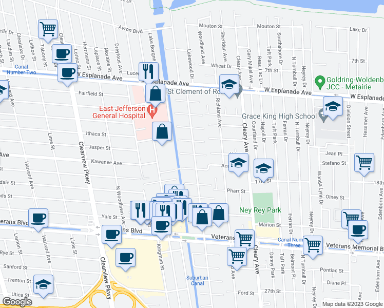 map of restaurants, bars, coffee shops, grocery stores, and more near 4116 Jasper Street in Metairie