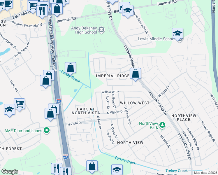 map of restaurants, bars, coffee shops, grocery stores, and more near 531 Willow West Drive in Houston