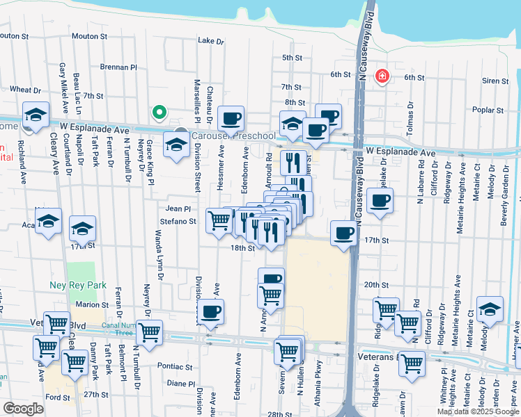 map of restaurants, bars, coffee shops, grocery stores, and more near 3340 North Arnoult Road in Metairie