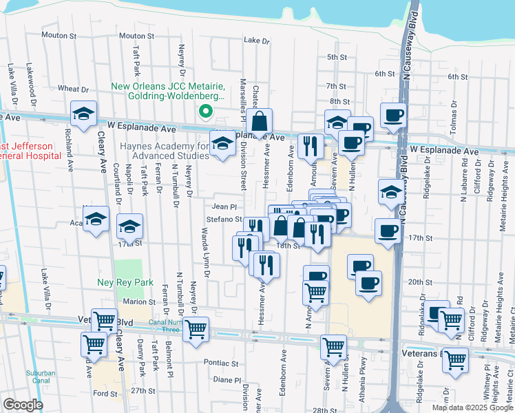 map of restaurants, bars, coffee shops, grocery stores, and more near 4000 Hessmer Avenue in Metairie