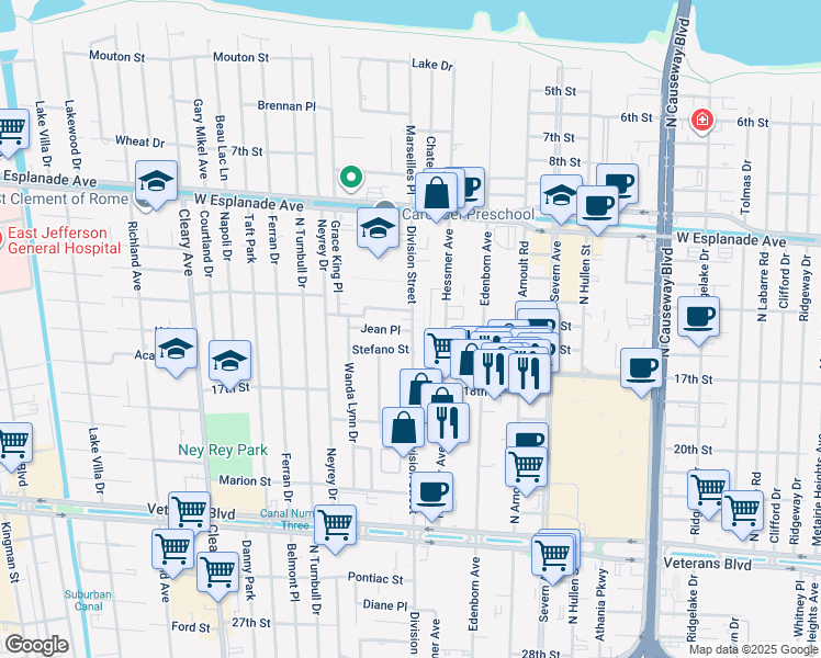 map of restaurants, bars, coffee shops, grocery stores, and more near 3718 Jean Place in Metairie