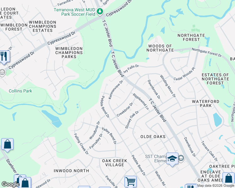 map of restaurants, bars, coffee shops, grocery stores, and more near 15815 Crystal Brook Drive in Houston