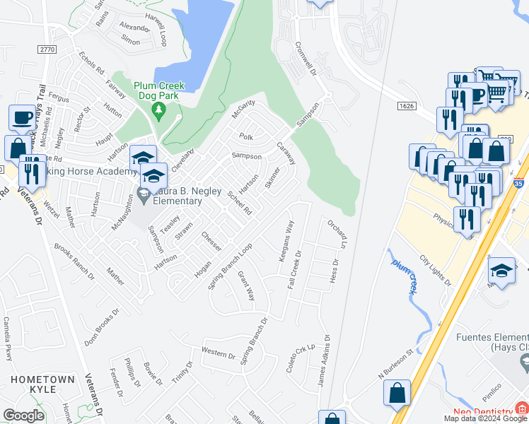 map of restaurants, bars, coffee shops, grocery stores, and more near 544 Hogan in Kyle