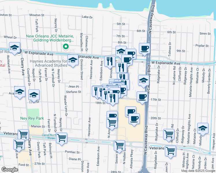 map of restaurants, bars, coffee shops, grocery stores, and more near 3348 North Arnoult Road in Metairie