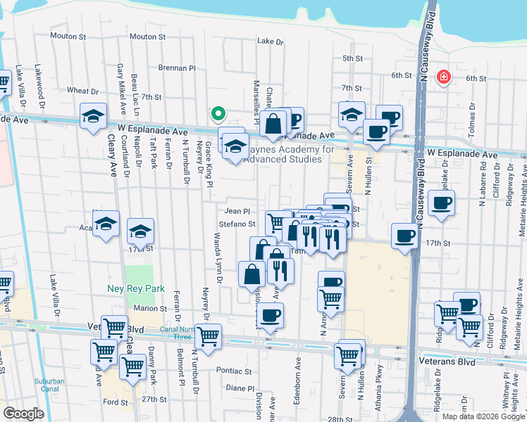 map of restaurants, bars, coffee shops, grocery stores, and more near 3718 Jean Place in Metairie